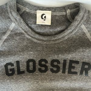 Glossier sweatshirt, size small, heathered grey with white exposed stitching